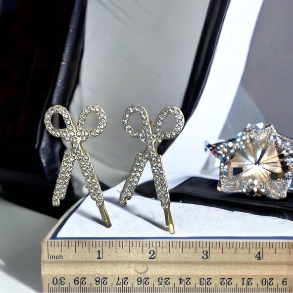 Set l Rhinestone on Golden Barrette, Hair Clips l Scissor Decor l 2 1/4” l New - Picture 5 of 9